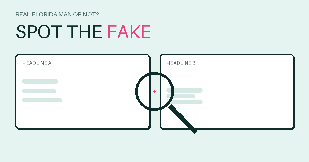 Two headline cards under a magnifying glass — which one is the fake?